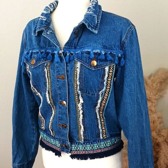Denim land Paris Collection Women's boho fringe button-up Jean jacket sz large - Picture 10 of 14